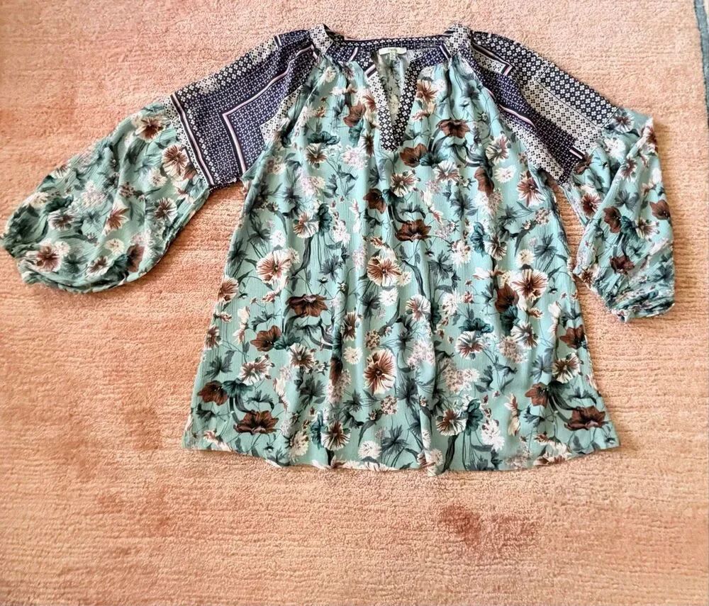 Jodifl L Mint Floral Boho Peasant Blouse Rayon Balloon Sleeve V Neck Tunic Top